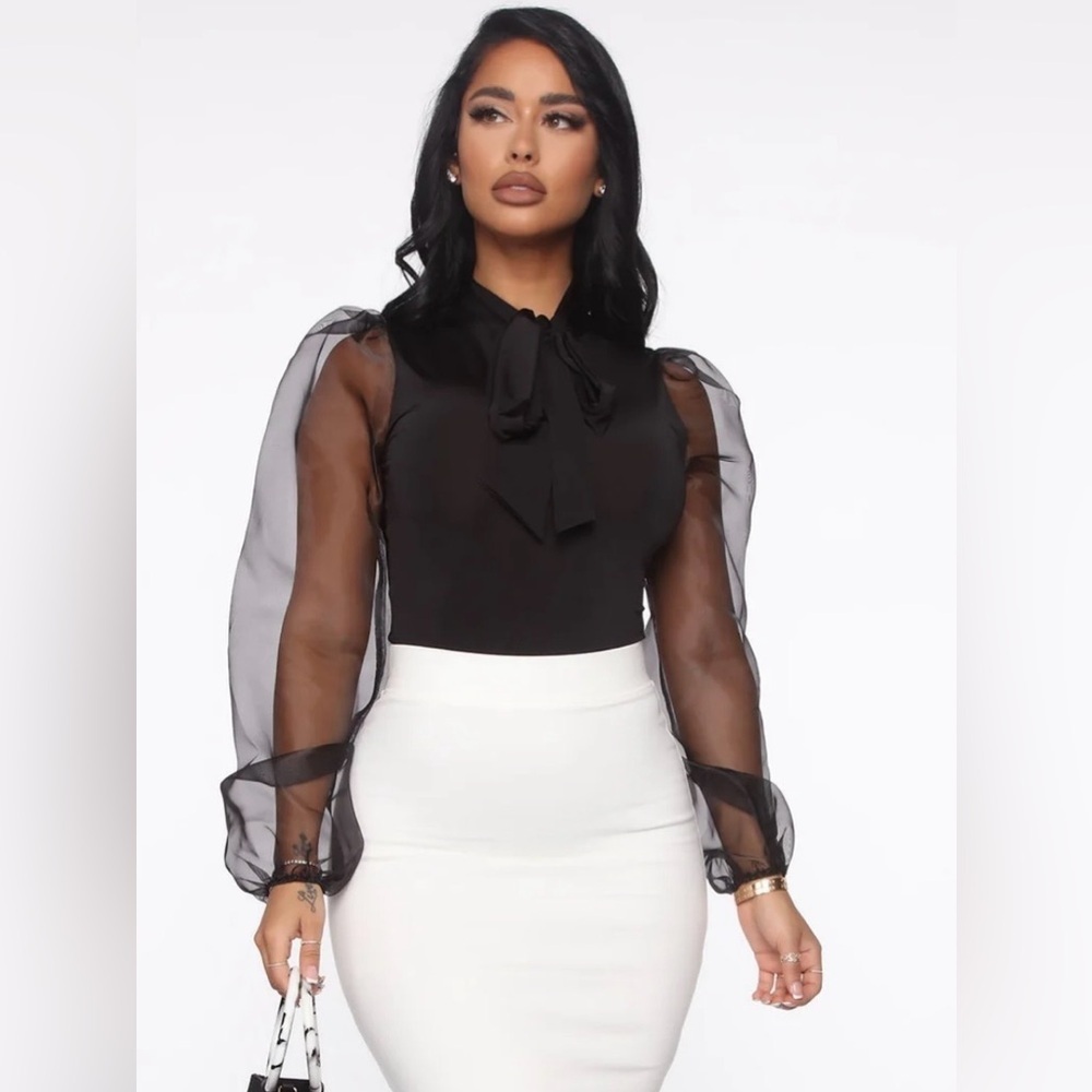 Fashion Nova Chapter Close Black Sheer Sleeve Blouse size Medium